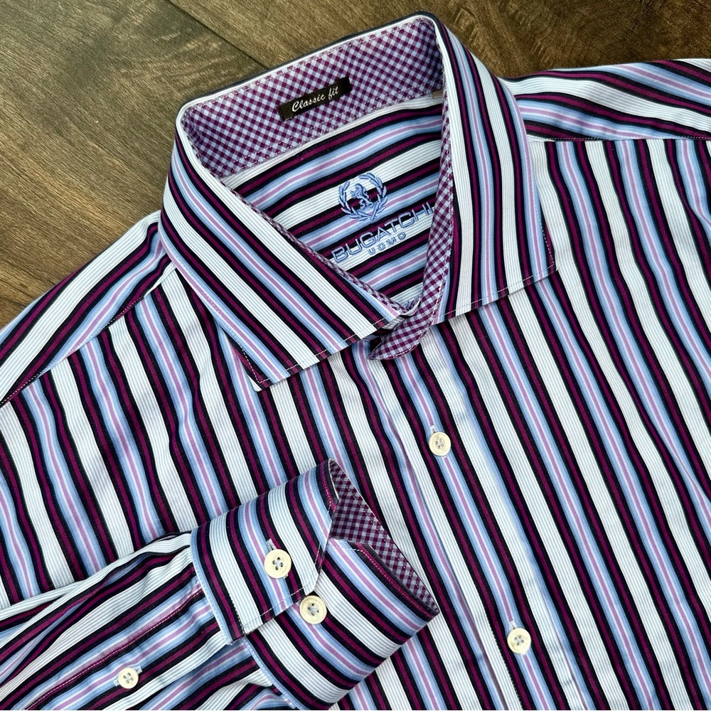 Bugatchi Uomo Classic Fit Button Down - Mens Size: XL - Purple Striped Print